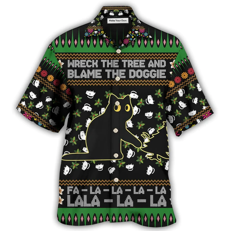 Black Cat Wreck Tree Blame Doggie Christmas Hawaiian Shirt Artwork Detail For Tropical Trips And Casual Outings