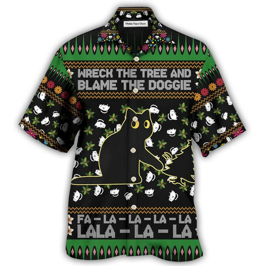 Black Cat Wreck Tree Blame Doggie Christmas Hawaiian Shirt Artwork Detail For Tropical Trips And Casual Outings