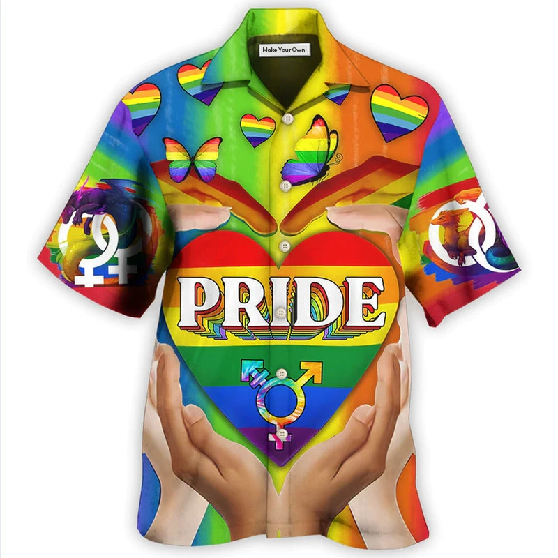 Rainbow Pride Heart Hawaiian Shirt Pattern View For Relaxed Warm Weather Outfits