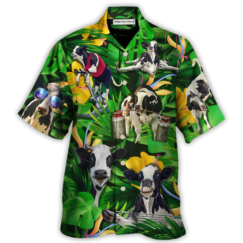 Tropical Funny Cow Dancing Hawaiian Shirt Summer Design Detail For Tropical Vacations