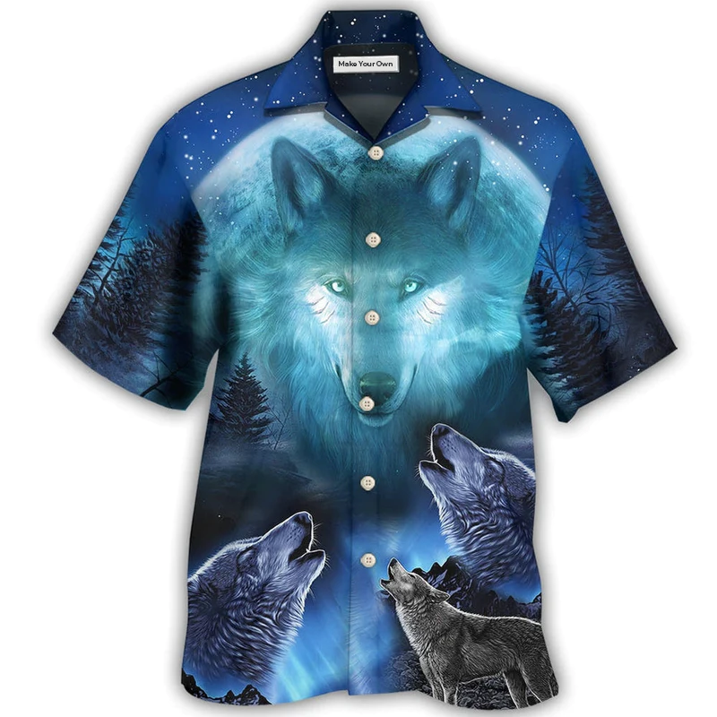 Gray Blue Wolf Hawaiian Shirt Artwork Detail For Resort Trips And Outdoor Activities