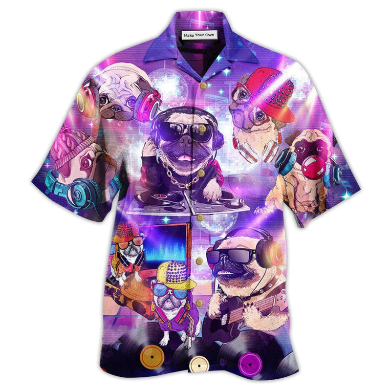 Dog Pug Feeling Music Pugs Hawaiian Shirt Pattern Detail For Vacation Travel And Daily Wear