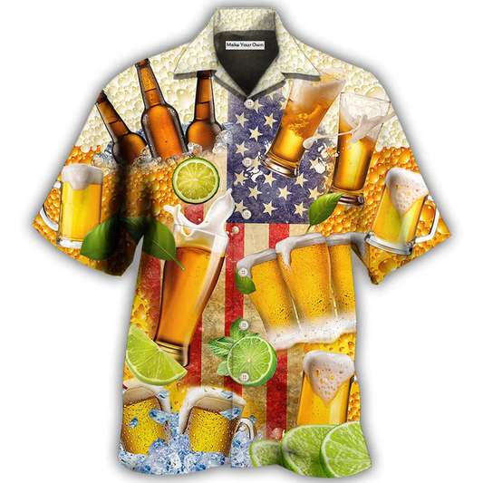 Beer Independence Day American Hawaiian Shirt Artwork Detail For Resort Trips And Outdoor Activities