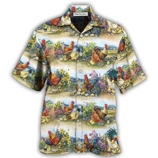 Chicken Family Countryside Hawaiian Shirt Pattern Detail For Vacation Travel And Daily Wear