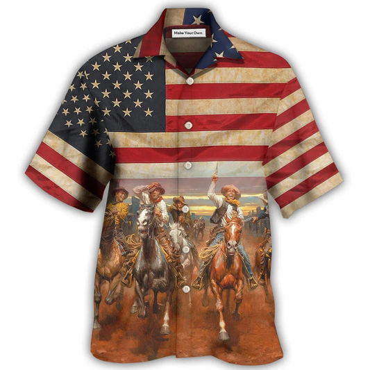 Happy Cowboy Independence Day Hawaiian Shirt Artwork Detail For Resort Trips And Outdoor Activities