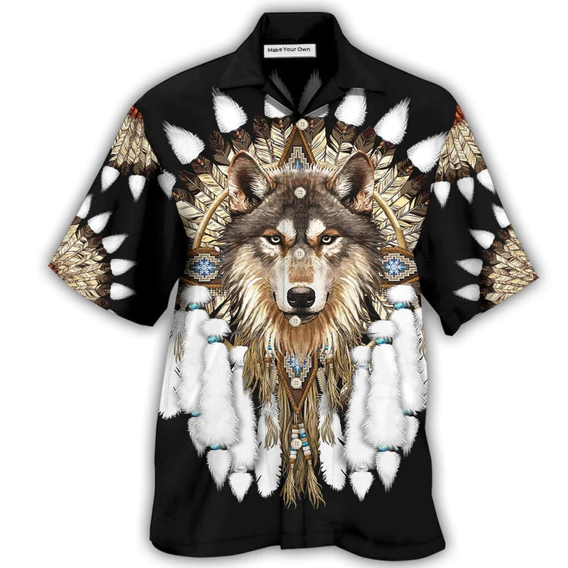 Bohemian Wolf Hawaiian Shirt Design Detail For Beach Days And Holiday Travel
