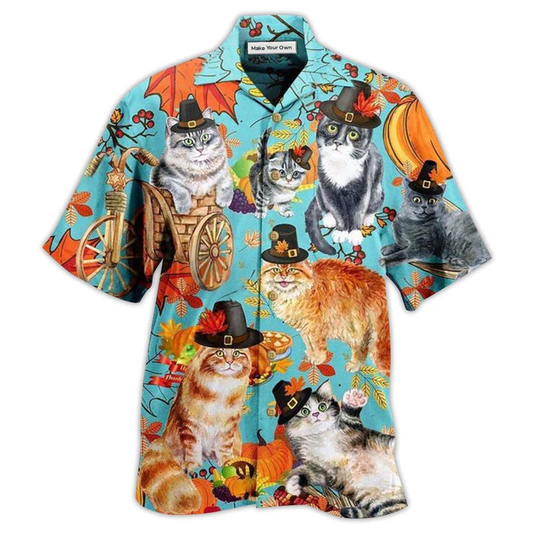 Happy Cat Thanksgiving Hawaiian Shirt Artwork Detail For Resort Trips And Outdoor Activities