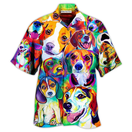 Watercolor Beagle Dogs Beautiful Hawaiian Shirt Artwork Detail For Resort Trips And Outdoor Activities