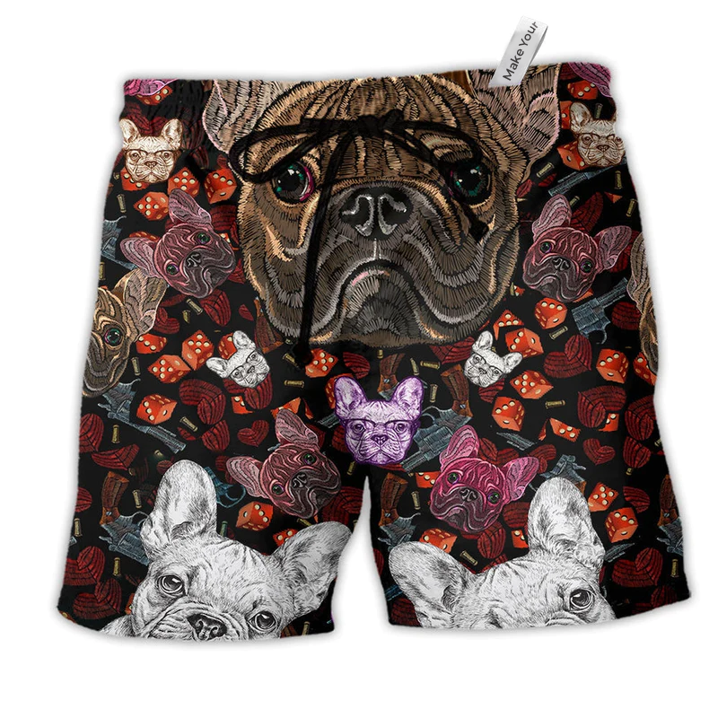 Dog Bulldog Embroidery So Cute Hawaiian Print Beach Shorts For Beach Days And Casual Travel
