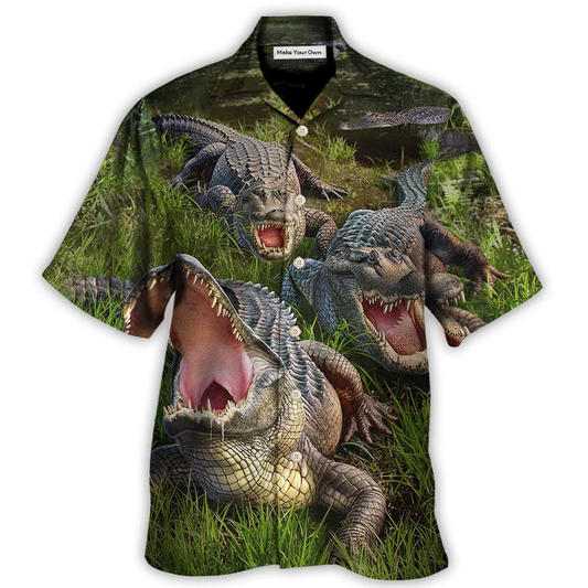 Crocodile Turn Head Hawaiian Shirt Collar And Front View For Resort Wear