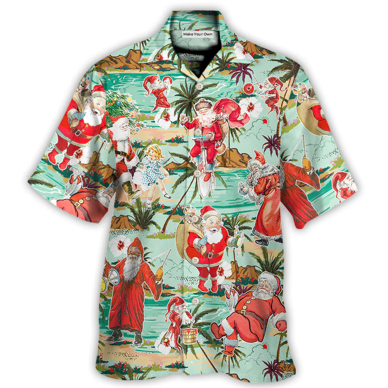 Cheerful Christmas Santa Beach Hawaiian Shirt Graphic Artwork Detail For Outdoor Gatherings
