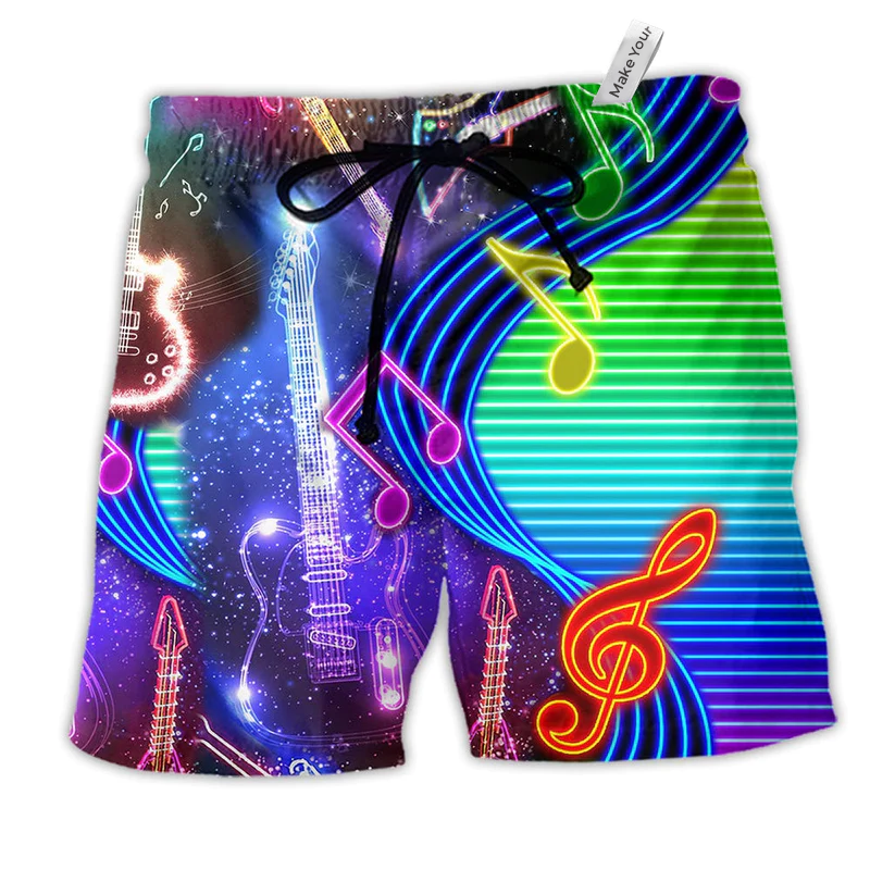 Music Guitar Love Light Neon Hawaiian Print Beach Shorts For Musicians And Outdoor Comfort
