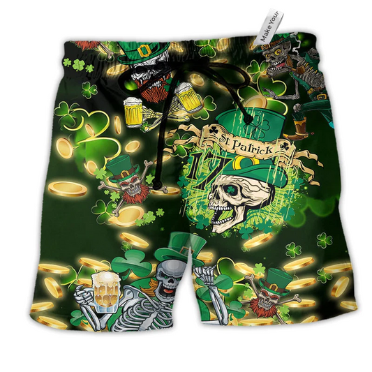 Irish Skull Love Beer Hawaiian Print Beach Shorts For Summer Parties And Vacation Wear