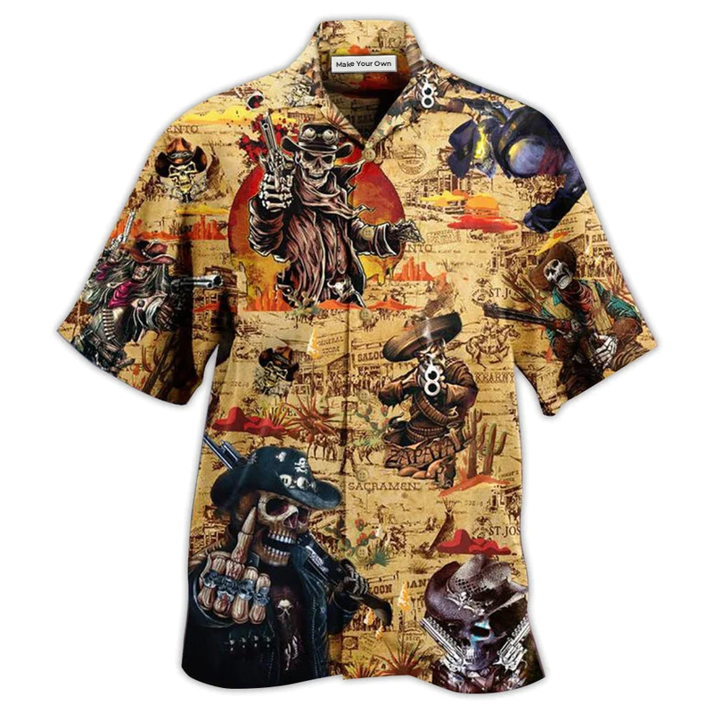 Vintage Skull Cowboy Pirates Hawaiian Shirt Artwork Detail For Resort Trips And Outdoor Activities
