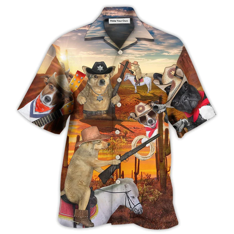 Funny Dog Cowboy Hawaiian Shirt Artwork Detail For Tropical Trips And Casual Outings