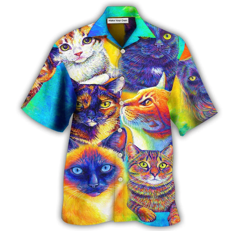 Colorful Cat Hawaiian Shirt Pattern Detail For Vacation Travel And Daily Wear