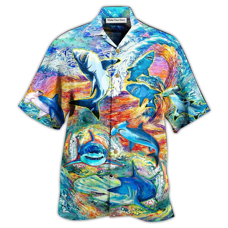 Watercolor Shark Hawaiian Shirt For Summer Events And Casual Outdoor Wear