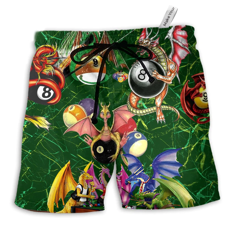 Dragon Billiard Love Life Green Hawaiian Print Beach Shorts For Game Day Getaways