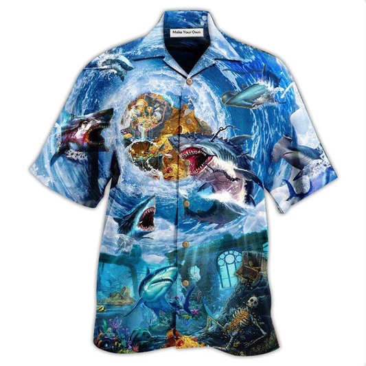 Blue Shark Treasure Ocean Hawaiian Shirt Artwork View For Weekend Travel And Beach Style