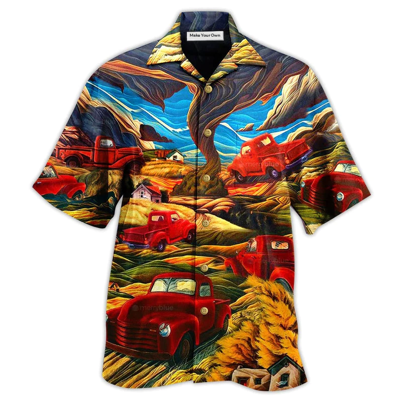Red Classic Car And Mountain Landscape Hawaiian Shirt For Resort Travel Summer Outings And Casual Gatherings