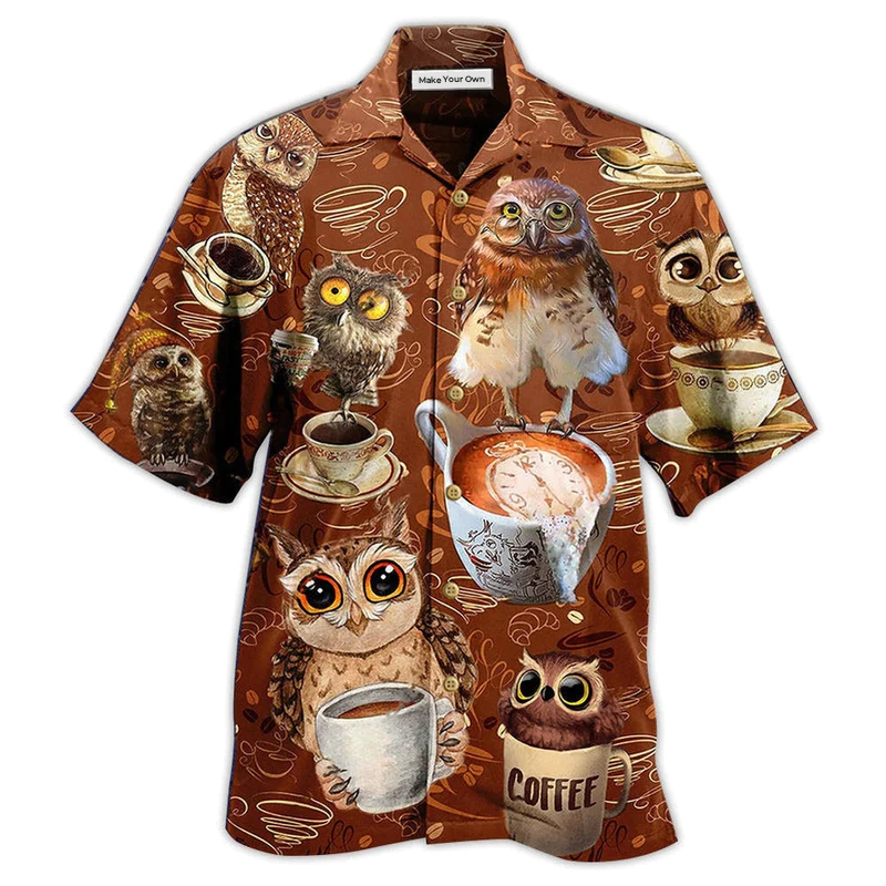 Coffee Owl Hawaiian Shirt Design View For Resort Travel And Thoughtful Gifting