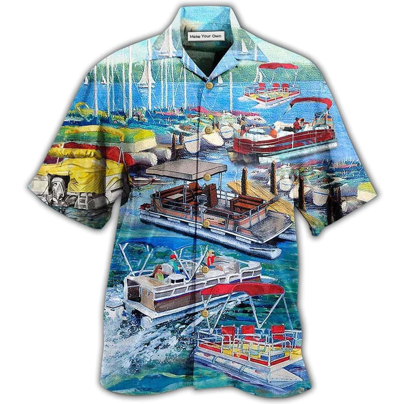 Boat Pontoon Captain Hawaiian Shirt Pattern Detail For Vacation Travel And Daily Wear