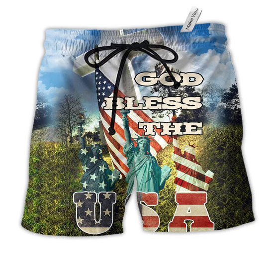 America God Bless The US Hawaiian Print Beach Shorts For Meaningful Summer Travel