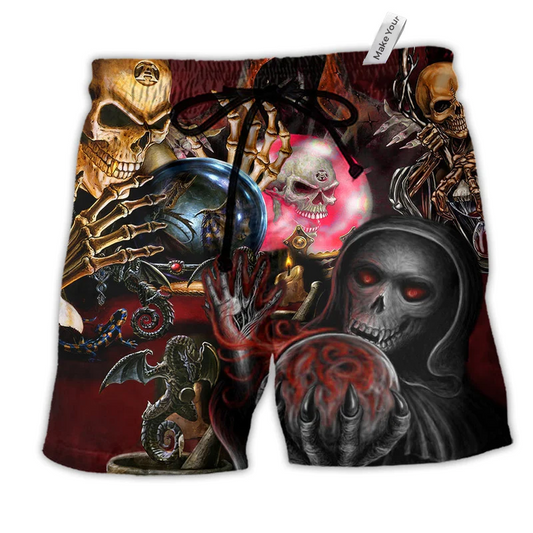 Skull Hello The Darkness Hawaiian Print Beach Shorts For Distinctive Warm Weather Style