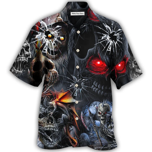 Dark Skull Hawaiian Shirt Design Detail For Sunny Adventures And Casual Wear