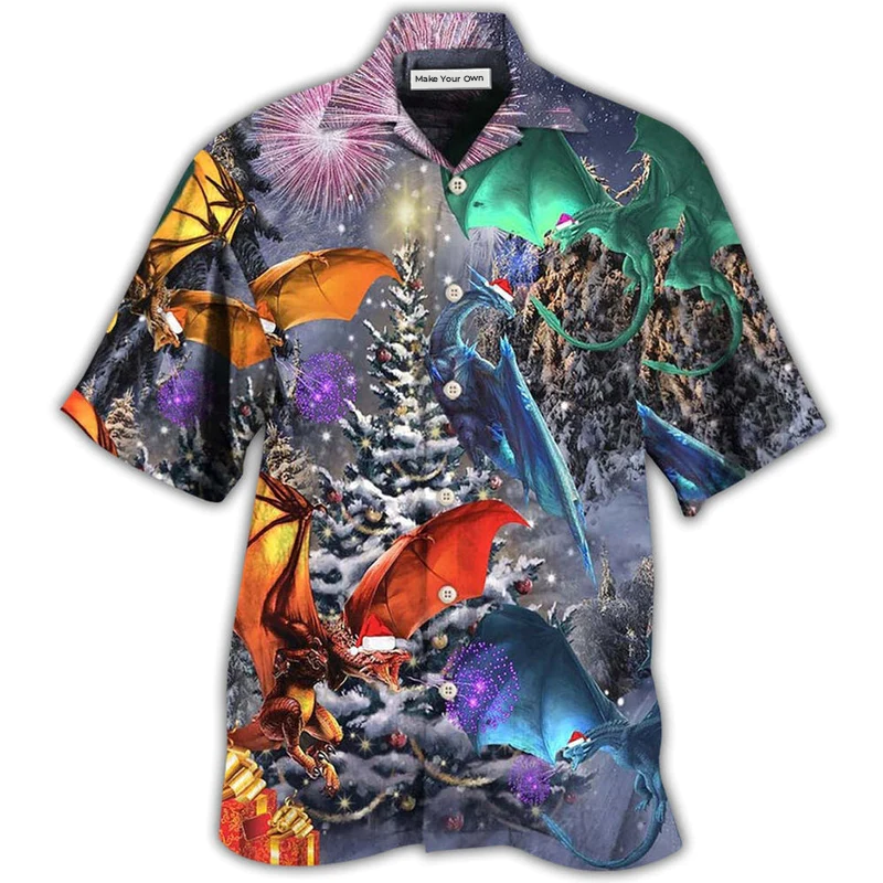 Festive Dragon Christmas Winter Hawaiian Shirt For Vacation Days And Relaxed Coastal Outings