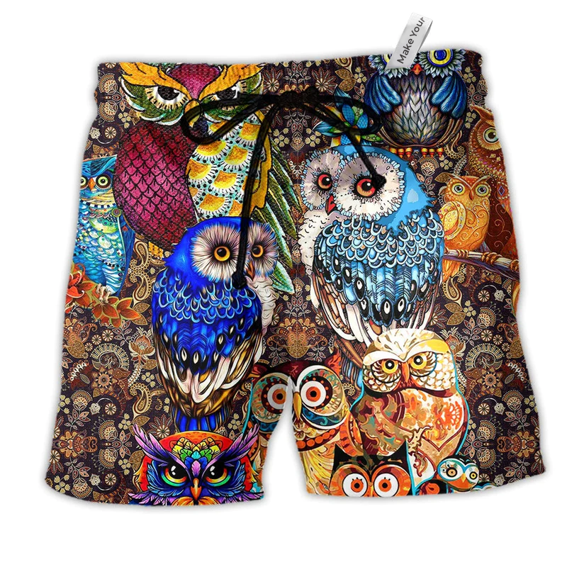 Owl Full Color Love Hawaiian Print Beach Shorts For Relaxed Warm Weather Wear