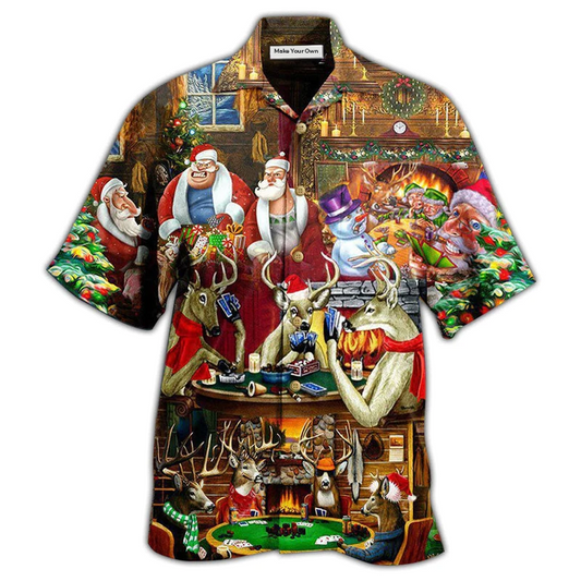 Game Card Santa Friends Play Hawaiian Shirt Pattern Detail For Summer Holidays And Outdoor Fun