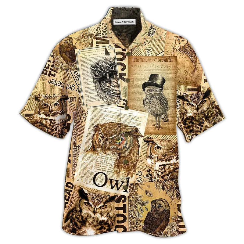 Retro Vintage Owl Paper Hawaiian Shirt For Summer Vacation And Beach Travel