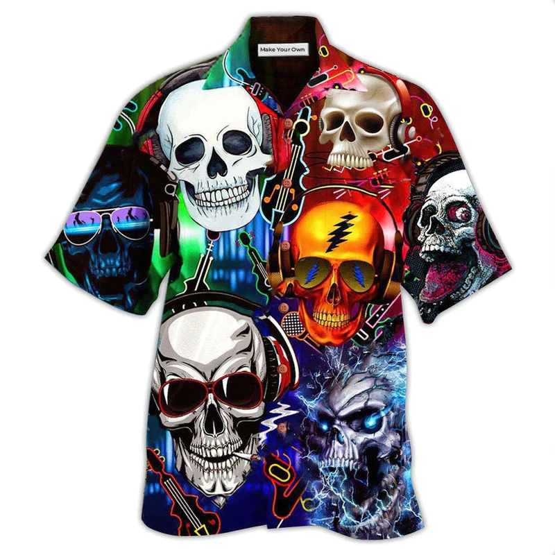 Skull And Guitar Hawaiian Shirt For Summer Events Coastal Travel And Comfortable Styling