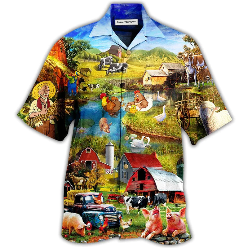 Farm Animals Village Hawaiian Shirt Design View For Resort Travel And Thoughtful Gifting