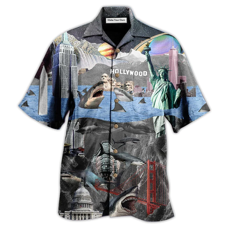 Shark American Hollywood Hawaiian Shirt Design Detail For Beach Days And Holiday Travel