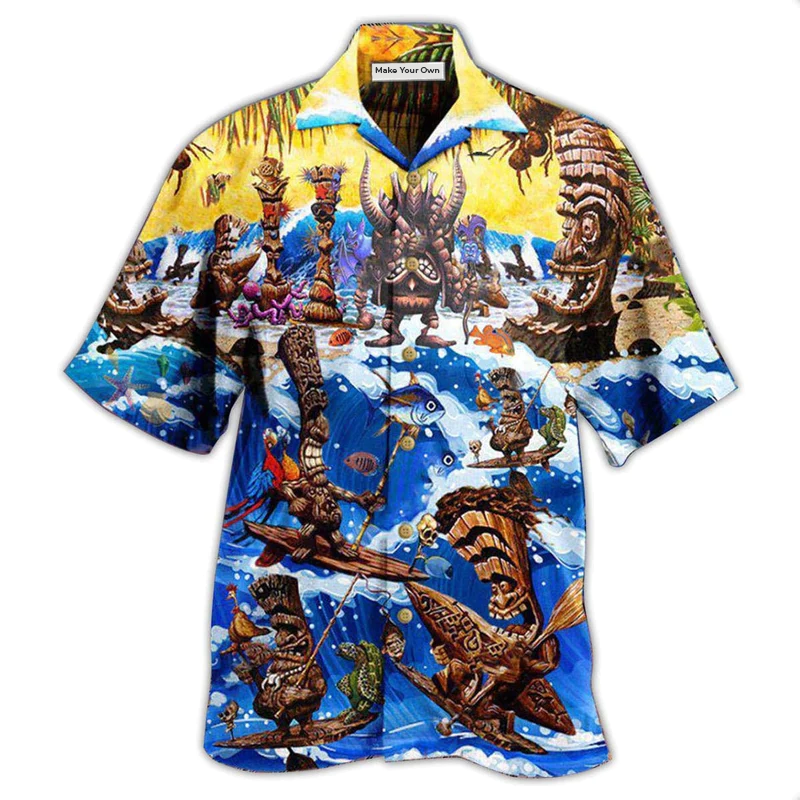 Happy Tiki Surfing Day Bar Hawaiian Shirt Pattern Detail For Vacation Travel And Daily Wear