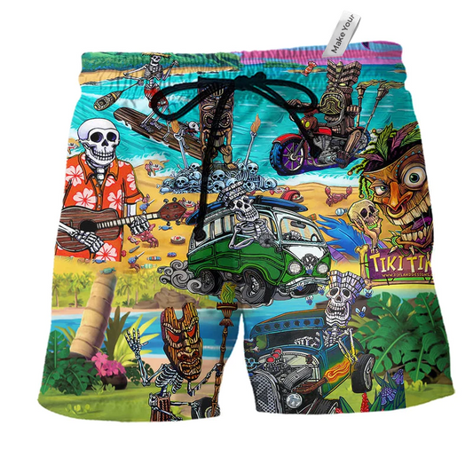 Tiki Summer Skull Beach Shorts For Island Getaways And Relaxed Casual Wear