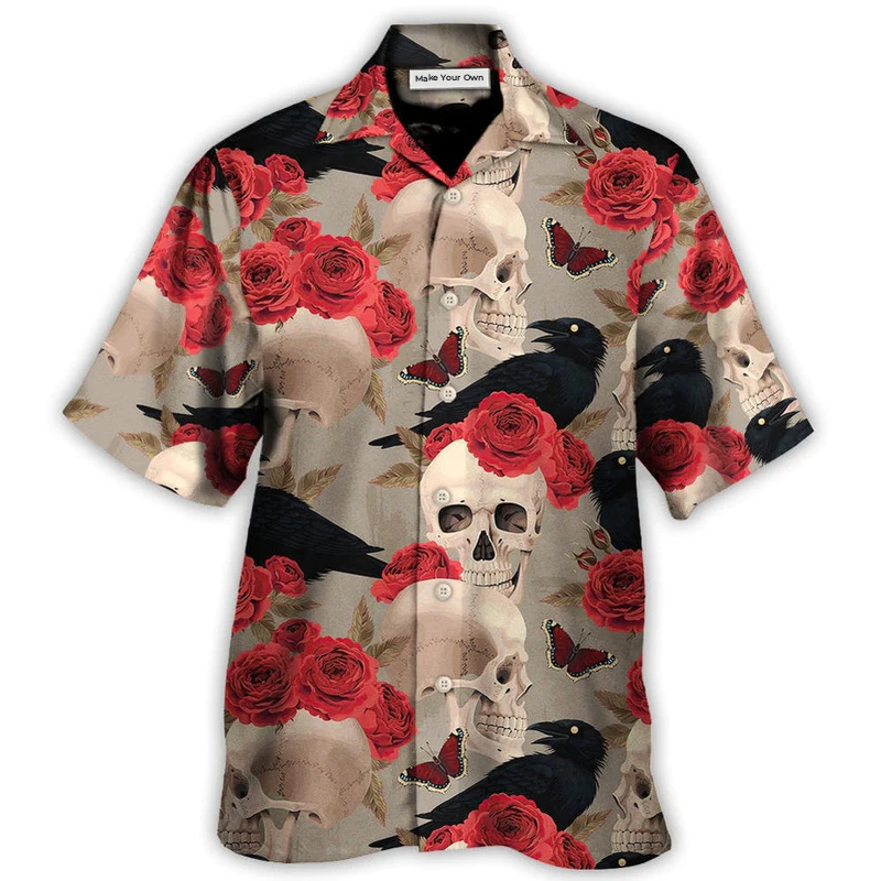 Floral Skull Rose Raven Gothic Hawaiian Shirt Pattern View For Relaxed Warm Weather Outfits