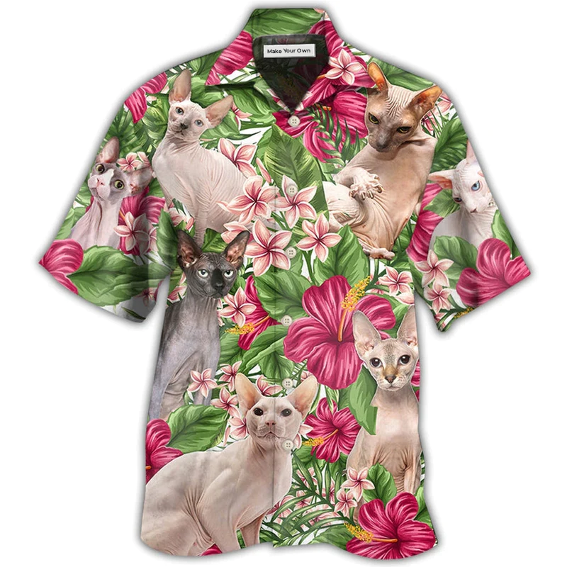 Tropical Floral Cat Sphynx Hawaiian Shirt For Resort Getaways And Comfortable Summer Activities