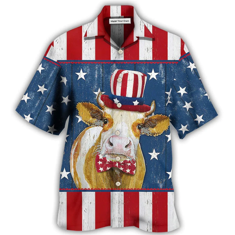 Funny Cow Independence Day Hawaiian Shirt Design View For Casual Summer Styling