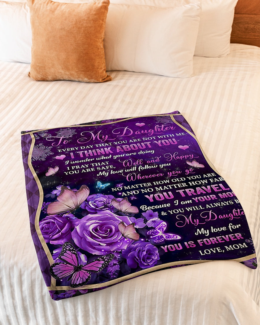 Rose I Think About You Daughter Gift Butterfly Flannel Blanket For Cozy Bedroom Sofa Decor