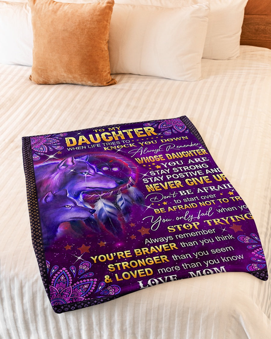 Wolf Never Give Up Daughter Gift From Mom Flannel Blanket For Cozy Bedroom Sofa Decor