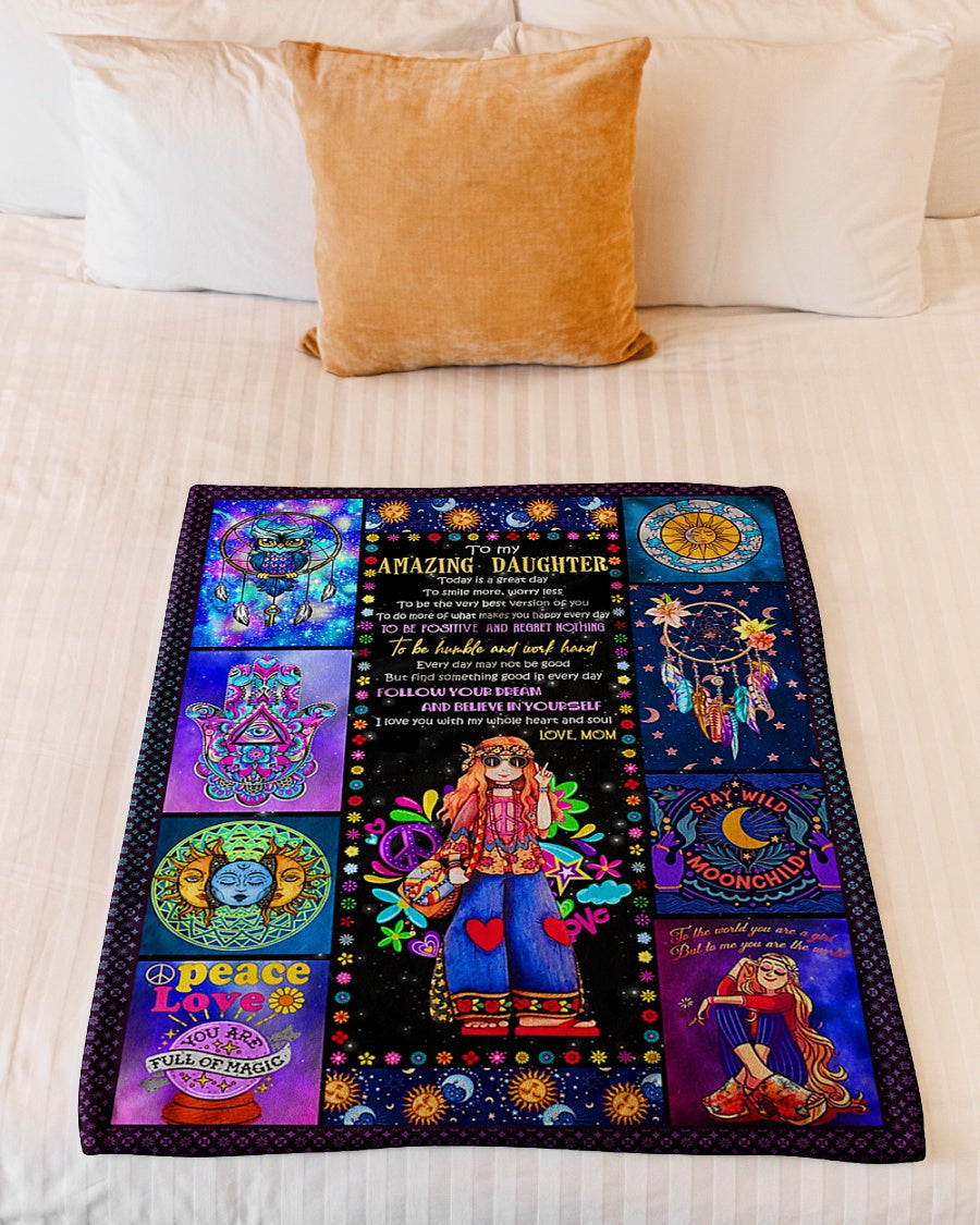 Hippie Girl Follow Your Dream Daughter Gift Flannel Blanket For Cozy Bedroom Sofa Decor