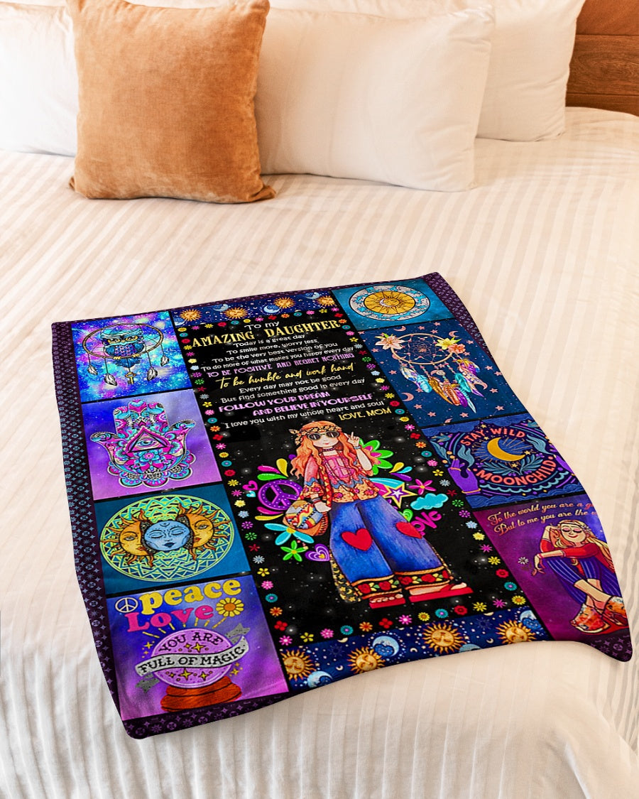 Hippie Girl Follow Your Dream Daughter Gift Flannel Blanket For Cozy Bedroom Sofa Decor