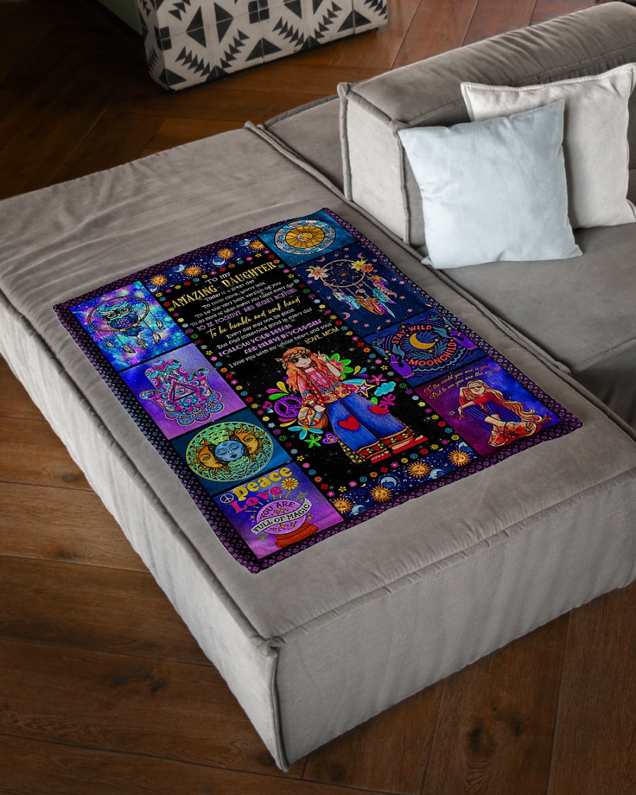 Hippie Girl Follow Your Dream Daughter Gift Flannel Blanket For Cozy Bedroom Sofa Decor