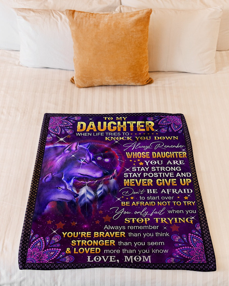 Wolf Never Give Up Daughter Gift From Mom Flannel Blanket For Cozy Bedroom Sofa Decor