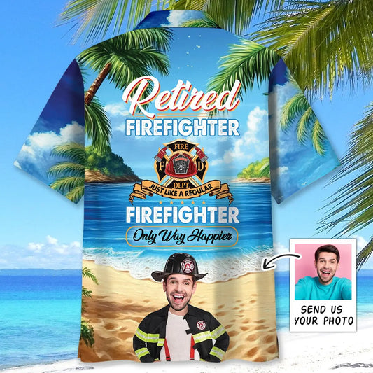 Retired Firefighter Personalized Photo Face Hawaiian Shirt For Resort Trips, Coastal Parties, And Warm Weather Style