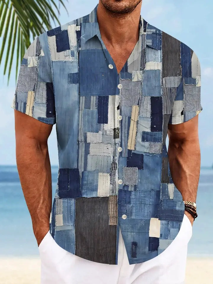 Retro Ethnic Fabric Texture Denim Men's Buttons Buttons Casual Hawaiian Shirt