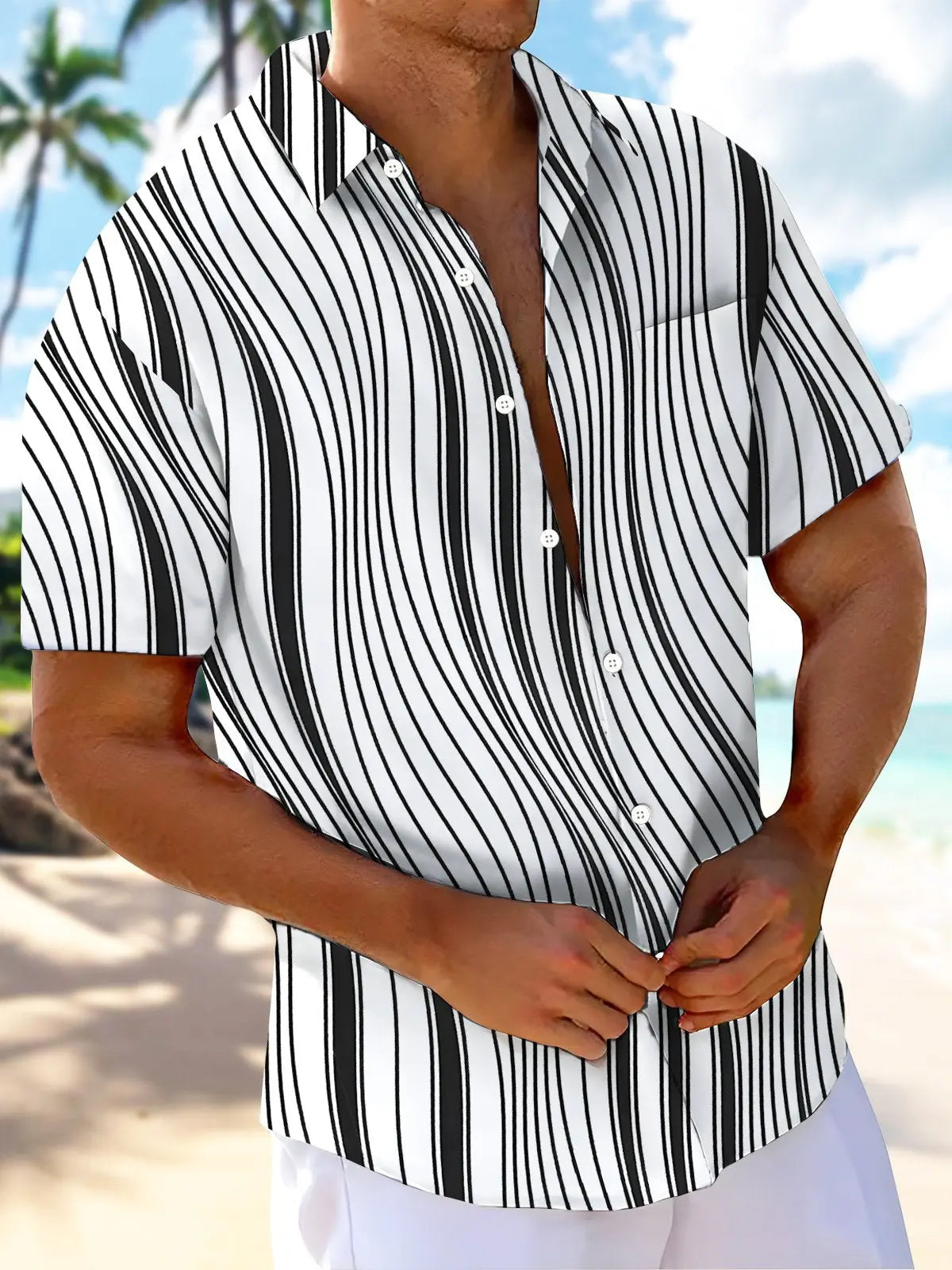 Retro Geometric Gradient Line Hawaiian Shirt For Tropical Holidays, Outdoor Gatherings, And Everyday Comfort